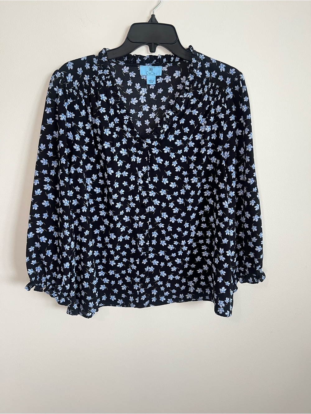 CeCe Black Blouse with Light Blue Floral Print - Picture 3 of 5